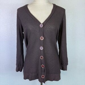 Brown Textured‎ Pointelle Knit V-Neck Button Front Cardigan Sweater Womens Boho